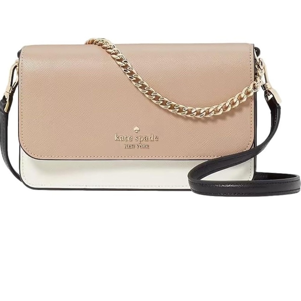 Kate Spade Tan and White Crossbody Bag with Gold Chain